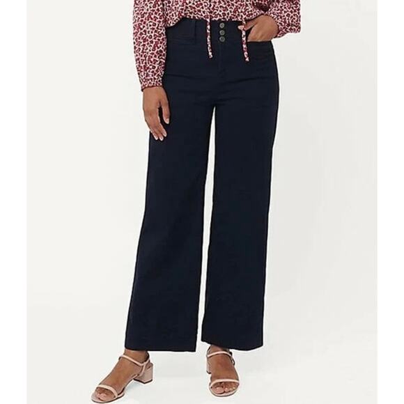 Loft Sz 10 Jayce Triple-Button Wide-Leg Pants High Rise Canvas Cotton Navy - Picture 1 of 16